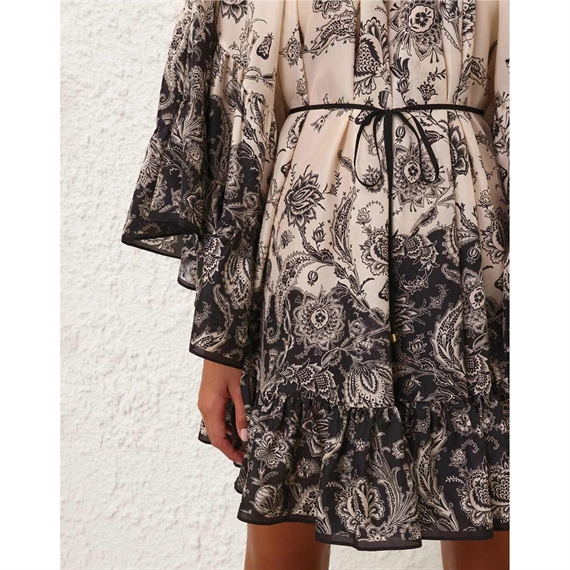 Zimmermann Rhiannon Lantern Mini Kjole, Cream Black Floral